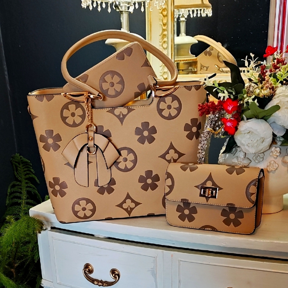 Tan and Brown Tote Bag Set with Floral Design and Gold Accents